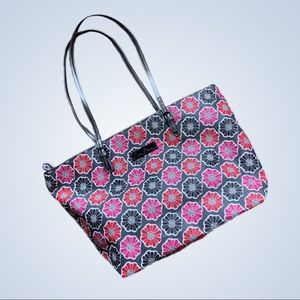 VERA BRADLEY Pebbled Leather Tote Bag Gray Pink Flowers Daisy Print Pop Art